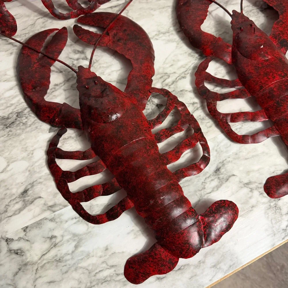Set of 3 Metal Lobster Wall Art Decor Distressed Red Black Nautical Coastal 18in